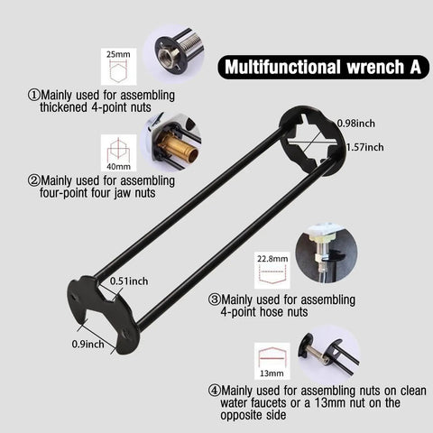 Diagram of a multifunctional wrench with dimensions used for assembling faucet nuts, featuring a two-pack basin wrench set for tight spaces.