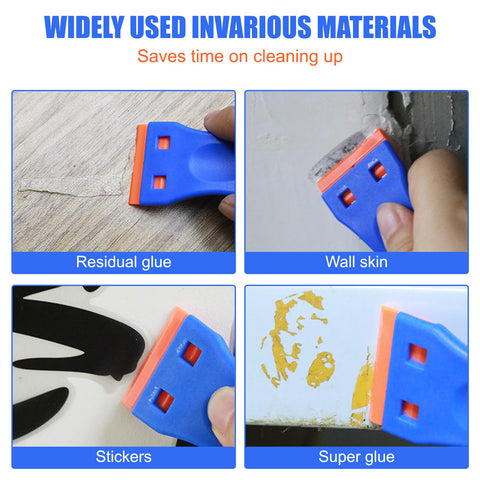 4 Pcs Plastic Razor Blade Scraper Set With 120 Blades for adhesive removal on various surfaces shown in action