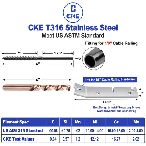 CKE T316 Stainless Steel components for 1/8" cable railing, showing lag screw, cable fitting, and specifications. Meet US ASTM standard.