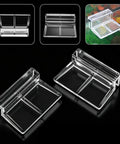 Top Shelf Aquarium Lid Clips For Rimless Glass Tanks Heavy Duty Acrylic Fish Tank Hardware Smooth Install and Secure Lock No Sweat Setup Includes Six Pieces displayed in two angles with clear acrylic material.