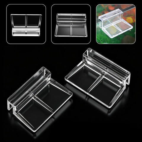 Top Shelf Aquarium Lid Clips For Rimless Glass Tanks Heavy Duty Acrylic Fish Tank Hardware Smooth Install and Secure Lock No Sweat Setup Includes Six Pieces displayed in two angles with clear acrylic material.