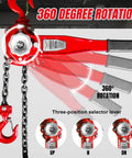 Manual lever chain hoist, red, 3-ton capacity, G80 steel, dual 360° rotating hooks