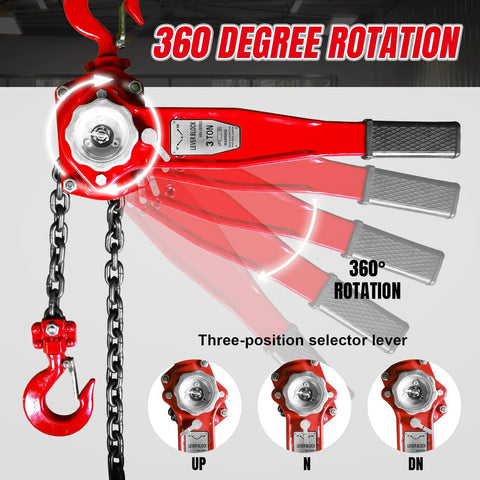 Manual lever chain hoist, red, 3-ton capacity, G80 steel, dual 360° rotating hooks