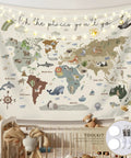 Boho Kids World Map Tapestry Wall Hanging For Classroom And Nursery Educational Geography Decor With Animal Continents 50x60, nursery view