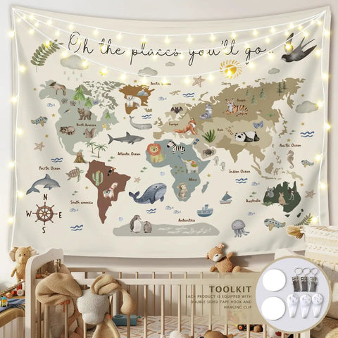 Boho Kids World Map Tapestry Wall Hanging For Classroom And Nursery Educational Geography Decor With Animal Continents 50x60, nursery view