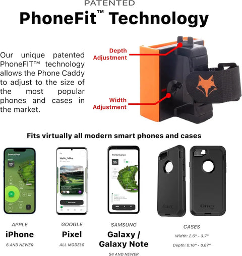 Universal Golf Cart Phone Mount With Heavy Duty Strap For Hands Free Gps And Score Tracking Patriotic Flag Caddy displayed with adjustable phone holder features.
