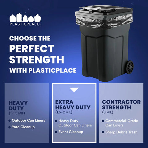 Heavy Duty 95 To 96 Gallon Black Garbage Liners 1.5 Mil Tear Resistant Trash Bags For Rollaway Carts 61 By 68 Inch Beast Mode Industrial Waste Sacks 25 Pack in a trash bin.