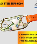 Sturdy steel snap hook with 21mm opening attached to bright orange webbing for Adjustable Tree Climbing Lanyard With Quick Slide Toggle Built Tough As Nails 3mm Polyester Webbing Fall Restraint Straps For Arborists Double Locking Hooks Ansi Z359 Rigging Gear.