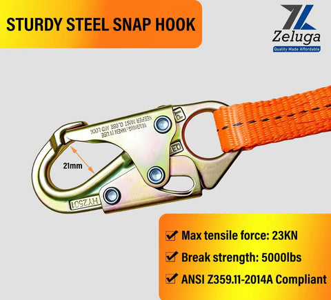 Sturdy steel snap hook with 21mm opening attached to bright orange webbing for Adjustable Tree Climbing Lanyard With Quick Slide Toggle Built Tough As Nails 3mm Polyester Webbing Fall Restraint Straps For Arborists Double Locking Hooks Ansi Z359 Rigging Gear.