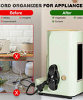 Stick On Small Appliance Cord Organizer 4 Pack For Kitchen Gadgets Keeps Cords Tidy And Hidden Wires Winder Holder For Pressure Cooker Mixer Blender Air Fryer Cable Management on kitchen appliance showing before and after organization.