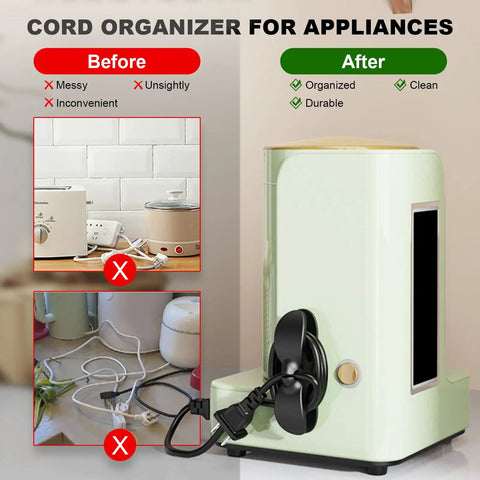 Stick On Small Appliance Cord Organizer 4 Pack For Kitchen Gadgets Keeps Cords Tidy And Hidden Wires Winder Holder For Pressure Cooker Mixer Blender Air Fryer Cable Management on kitchen appliance showing before and after organization.