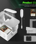 Trading Card Scanner Stand With LED Light And Magnetic Base For MTG And TCG, showing dimensions and unsleeved card in slot