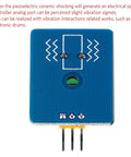 Analog Ceramic Piezo Vibration Sensor Module with analog output connector for Arduino, shown in blue with pin connectors, great for vibration monitoring.