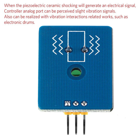 Analog Ceramic Piezo Vibration Sensor Module with analog output connector for Arduino, shown in blue with pin connectors, great for vibration monitoring.