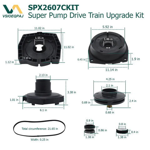 Durable Pool Pump Drive Train Upgrade Kit For SP1600X Series, 1 HP Replacement Compatible With Hayward Superpump, Fits SP1605X7 SP1607X10, Easy Swap With Leak Tight Gasket And Shaft Seal. Black pump parts with dimensions