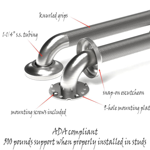Dual Pack One And A Quarter Inch ADA Safety Grab Bar With Knurled Anti Slip Grip In Stainless Steel 304 Brushed Nickel Finish Concealed Flange Mount Supports Up To 500 Pounds showing knurled grip and flange.