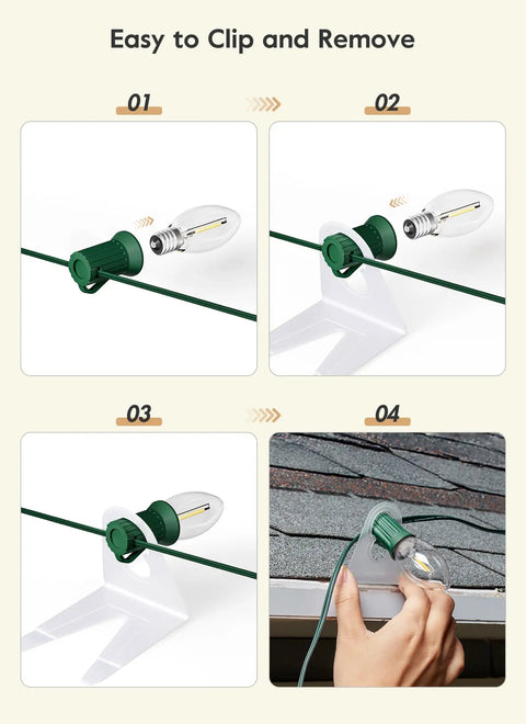 100 Pack Shingle Tab Light Clips For C7 And C9 Christmas Lights With Leaf Guard, No Fuss Durable Plastic Clips For Roof Gutters And Outdoor Use, Dual Leg Security With Flip Tab For A Tight Grip showing installation steps.