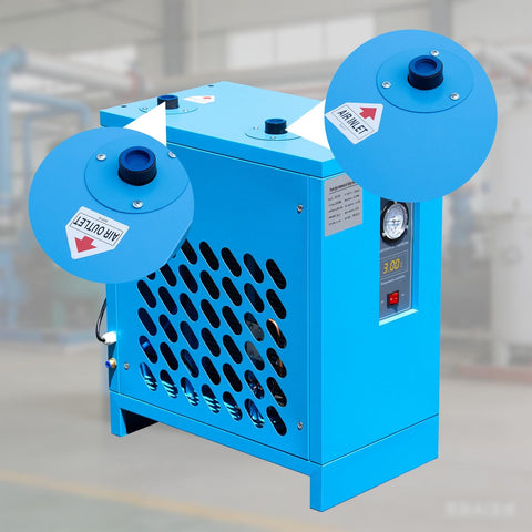 Front and side view of Industrial Refrigerated Air Dryer With R134a Cooling For Air Compressors 35 CFM 0.58 KW 110V 60Hz with inlet and outlet shown.