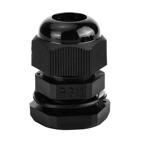 Plastic Waterproof Adjustable Cable Glands And Joints Set for PG11, black, suitable for 3.5 to 13mm cable range.