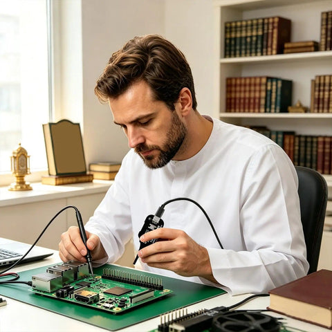 Technician using Coil Pack Inductance Tester For PCB With Indicator Lights A Handy Portable Electromagnetic Inductor Fault Detector.