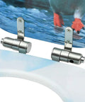 Close-up of adjustable zinc hinges on Super Chill Soft Close Toilet Seat Covers With Hella Cozy Flannel Padding Adorable Penguin Design.