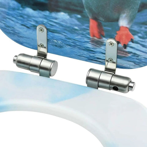 Close-up of adjustable zinc hinges on Super Chill Soft Close Toilet Seat Covers With Hella Cozy Flannel Padding Adorable Penguin Design.