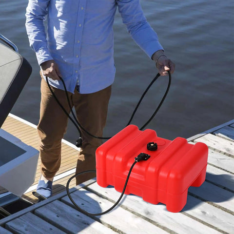 Person holding hoses with 14-Gallon Boat Fuel Tank With Leak-Proof Vent Cap For Safer Refueling On Fishing Boats, Portable Outboard Gas Can With Durable HDPE Construction on a dock.