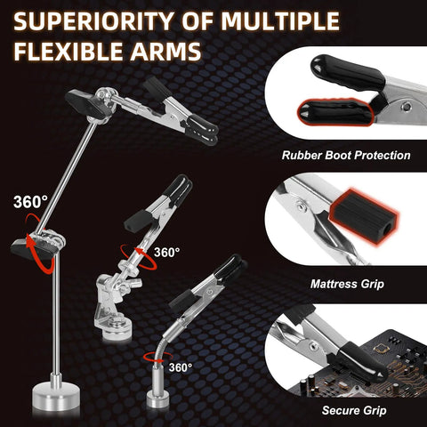 Magnetic Third Hand Soldering Tool Set With Four Arms Large PCB Clamp Holder showing flexible arms with grips and protection details.