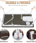 Foldable White Adjustable Laptop Desk For Bed With Storage Drawer And Phone Stand, showing portability and storage features.