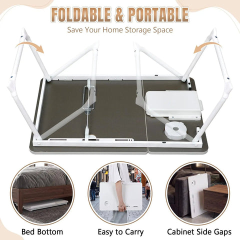 Foldable White Adjustable Laptop Desk For Bed With Storage Drawer And Phone Stand, showing portability and storage features.