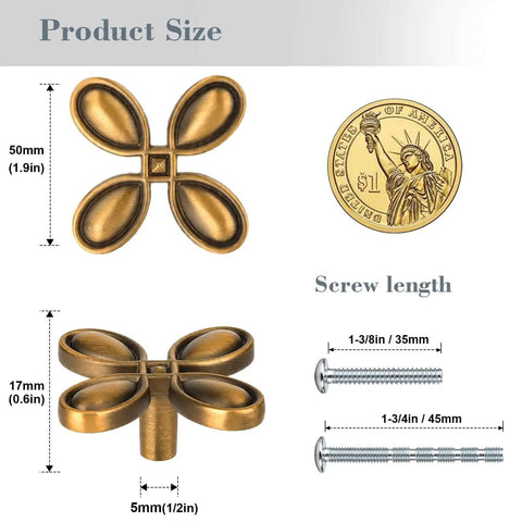 Six Pack Butterfly Brass Cabinet Knobs Zinc Alloy Vintage Hardware with size details and screws shown