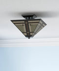 Mission Style 14 Inch Ceiling Fixture Lamp Semi Flush Mount With Wide Stained Glass In Tan Brown Antique Vintage Look With Retro Vibe