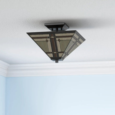 Mission Style 14 Inch Ceiling Fixture Lamp Semi Flush Mount With Wide Stained Glass In Tan Brown Antique Vintage Look With Retro Vibe