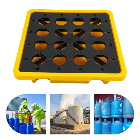 Spill Containment Pallet With Drain 26.4 By 26.4 By 5.9 Inches HDPE Leak Containment Tray shown in industrial setting