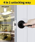 Biometric Fingerprint Door Lock With Handle Keyless Entry Smart Door Knob showing app, fingerprint, key, card unlocking options.