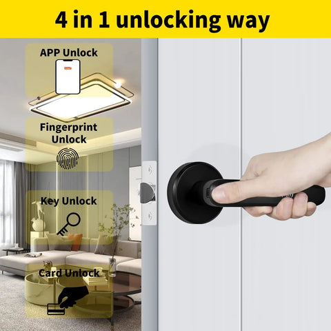 Biometric Fingerprint Door Lock With Handle Keyless Entry Smart Door Knob showing app, fingerprint, key, card unlocking options.