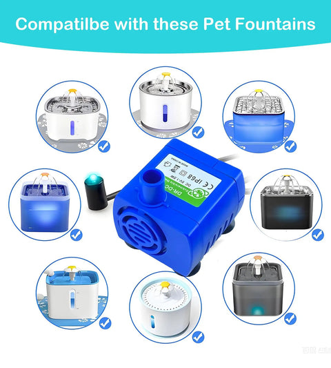 Cat Water Fountain Pump Submersible USB 5V, Ultra Quiet No Fuss Auto Shut Off, shown with compatible pet fountains, DR-DC160