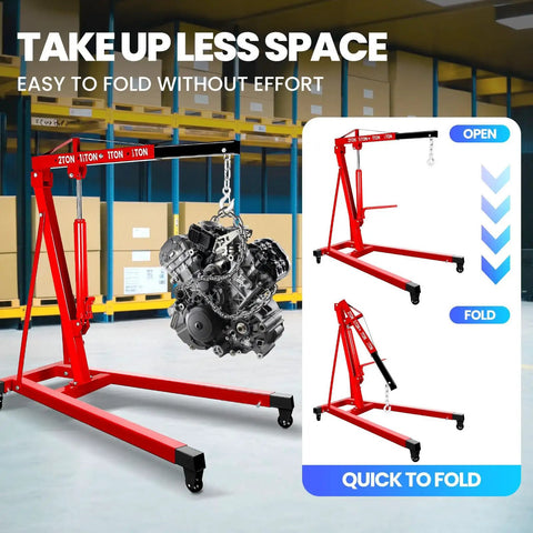 Rock Solid Heavy Duty Two Ton 4400 Pounds Engine Hoist Cherry Picker shown lifting an engine, designed to fold easily for compact storage.