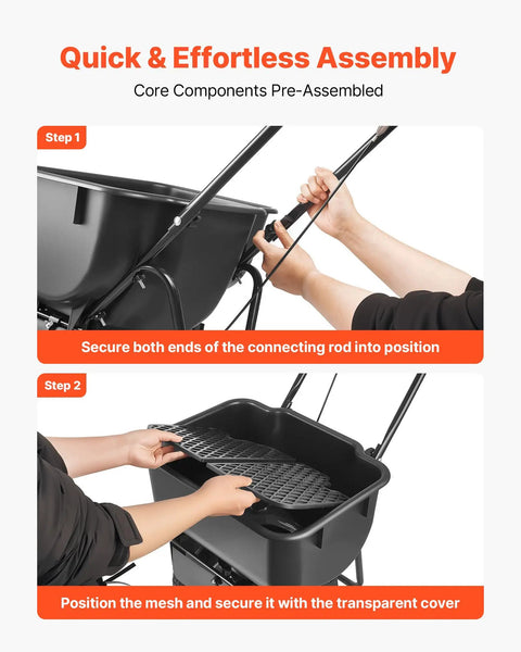 Assembly steps for Push Lawn Spreader With 12 Foot Spreading Width, 80 Lb Hopper, showing hand securing components and mesh.