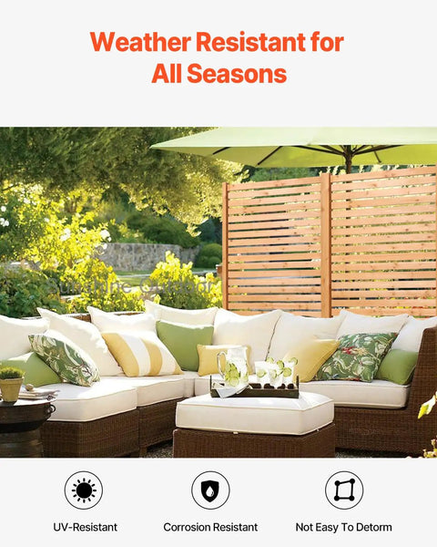 Wooden Privacy Screen For Outdoors 36 Inch Wide 73 Inch Tall Freestanding Panel With Stand next to outdoor seating area