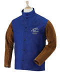 Workhorse 9 Ounce Flame Resistant Cowhide Welding Coat With Split Cowhide Sleeves Standup Welder Collar Dual Scribe Pockets Snap Front And Wrist Cuffs 30 Inch Length Royal Blue And Brown Medium on mannequin