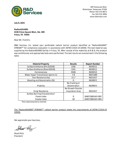 RadiantGUARD XTREME® testing report with material properties and compliance results for radiant barrier insulation.