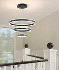 Modern Dimmable LED Chandelier With Dope 3 Ring Adjustable Pendant Lights For Living Room, Bedroom, And Dining Room - Remote Control, Contemporary Hanging Ceiling Fixture In Black, Aluminum And Acrylic, Height Adjustable DIY Design installed in staircase area