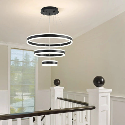 Modern Dimmable LED Chandelier With Dope 3 Ring Adjustable Pendant Lights For Living Room, Bedroom, And Dining Room - Remote Control, Contemporary Hanging Ceiling Fixture In Black, Aluminum And Acrylic, Height Adjustable DIY Design installed in staircase area