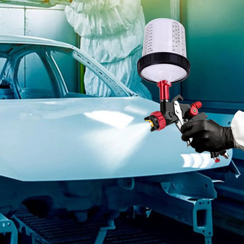 HVLP Spray Gun Kit With Paint Mixing Cup Pro Grade Auto Body Tool, Pressure Gauge, 1.3mm Nozzle, in use on car hood