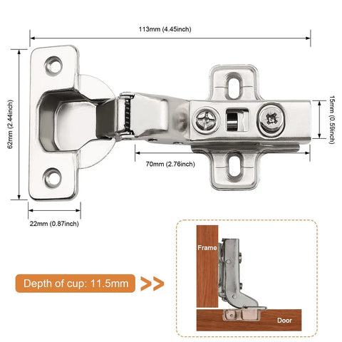 Top Shelf Soft Close Cabinet Hinges 2 Pack Adjustable 105 Degree Clip On Concealed European Hardware Heavy Duty hinge dimensions and details.