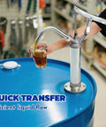 No Frills Heavy Duty Lever Action Drum Pump For 5 To 55 Gallon Drums with smooth liquid transfer from blue drum.