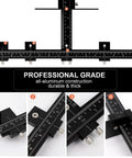 Pro Grade Cabinet Hardware Jig Tool, Adjustable Drill Template For Handles And Pulls On Drawers And Doors, All Aluminum Alloy Construction With Center Punch And Carrying Bag, Precise Machining, Heavy Duty. Image shows a detailed view of the adjustable drill template with precision markings.