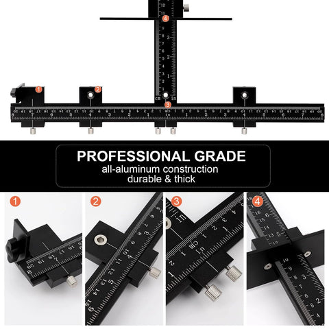 Pro Grade Cabinet Hardware Jig Tool, Adjustable Drill Template For Handles And Pulls On Drawers And Doors, All Aluminum Alloy Construction With Center Punch And Carrying Bag, Precise Machining, Heavy Duty. Image shows a detailed view of the adjustable drill template with precision markings.