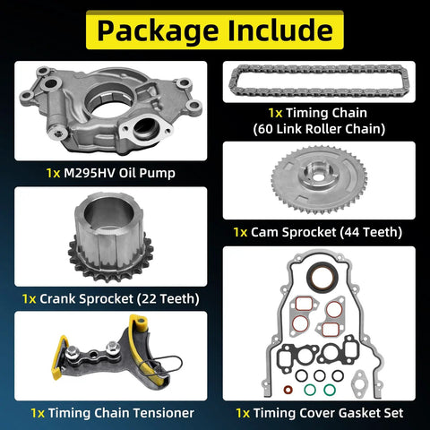 Chevy 5.3 Timing Chain Kit M295HV Oil Pump package components for 2007-2013 Silverado Tahoe and GMC Sierra illustrated.